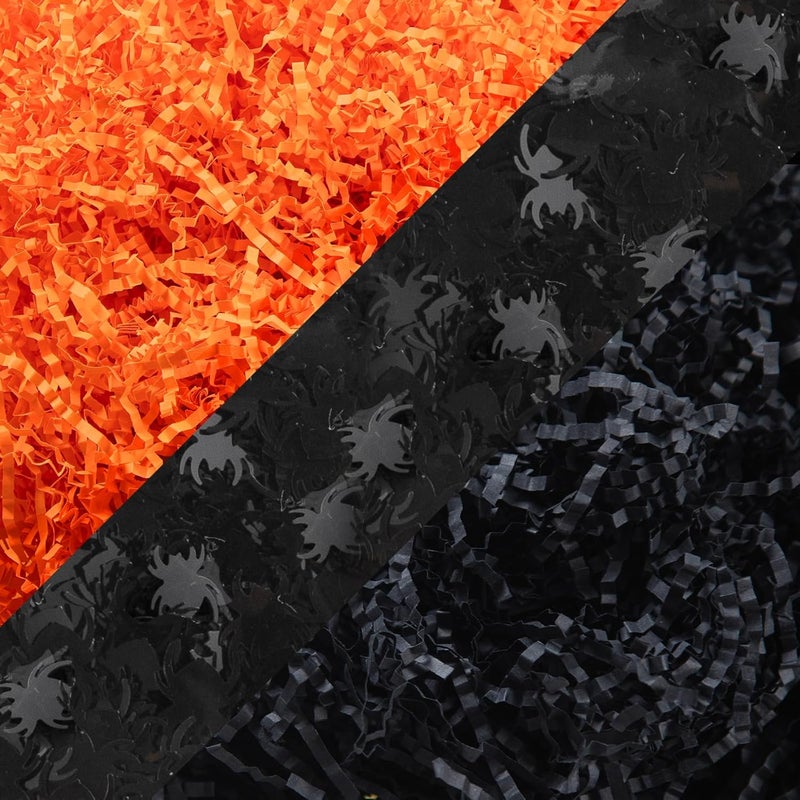 Jocomoni 1LB Halloween Crinkle Cut Paper Shred, Black Orange Crinkle Cut Paper with Spider Confetti Halloween Shredded Paper Filler for Gift Wrapping Craft DIY Packaging Filling Party Supply - Image 1